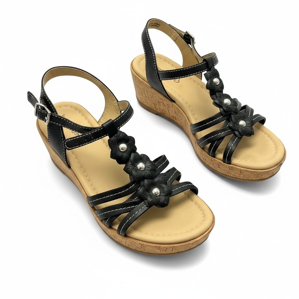 Baretraps Womens Black Floral Wedge Sandals Strappy Ankle Strap Size 6.5 M